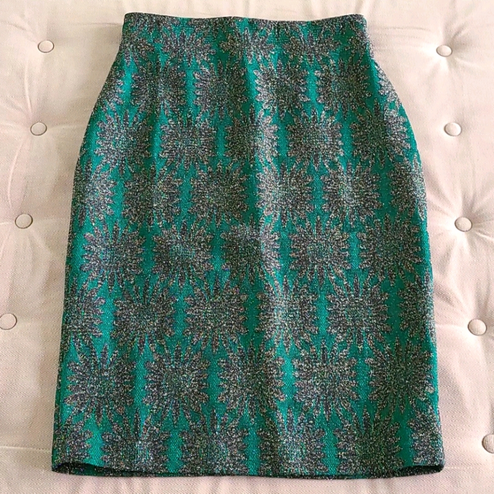 Green Gold Shimmery Below the Knee Pencil Skirt